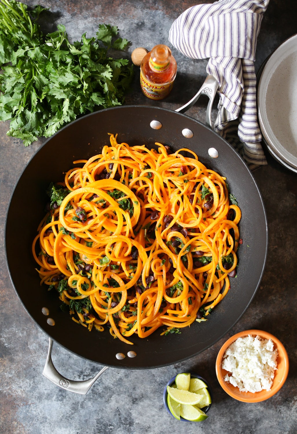 Butternut Squash Noodle, Black Bean, and Kale Enchilada Bowls